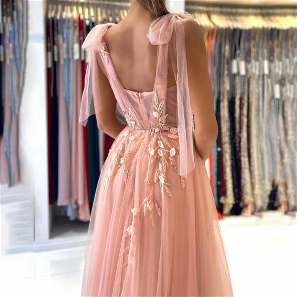 Vestido de noite com alça espaguete, vestido de baile rosa coral, apliques de renda, vestido de noite de baile com divisão alta, roupões de soiree