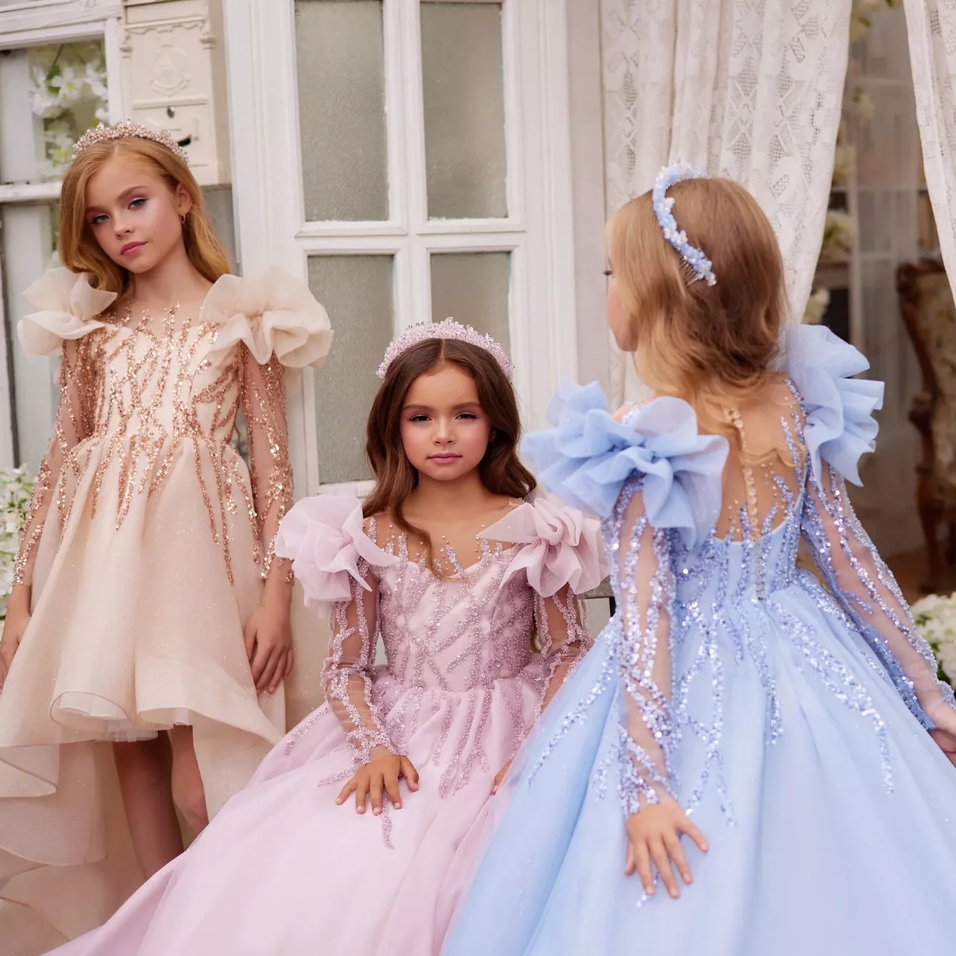 Hi Lo Robe De Fille De Fleur 2024 Manches Longues Robe De Bal À Paillettes Illusion Enfant En Bas Âge Petit Enfant Robe De Concours Cocktail Fête Anniversaire Vacances 1ère Communion Bleu Blush