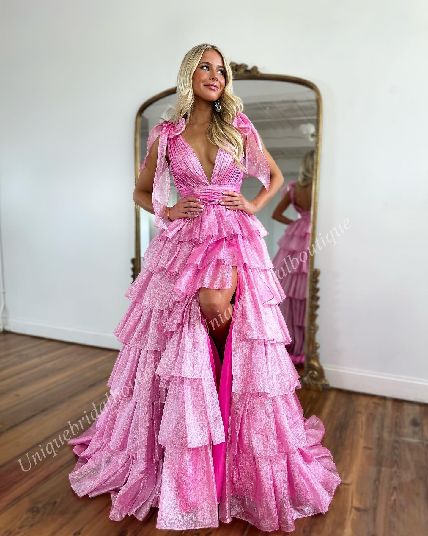 Fuchsia Prom Dress 2k24 Ruffle Pink Organza Plunging V-Neck Lady Preteen Pageant Gown Winter Formal Evening Cocktail Party Wedding Guest Red Capet Runway Gala Slit