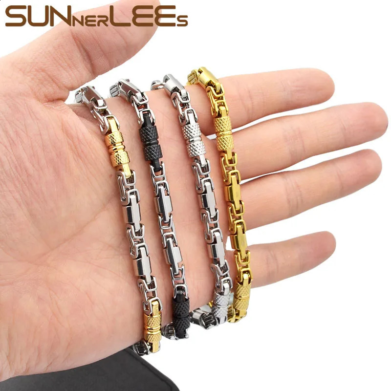 Manchette SUNNERLEES 316L Bracelet en acier inoxydable 6mm chaîne à maillons byzantin géométrique couleur argent plaqué or hommes femmes bijoux cadeau SC42 231116