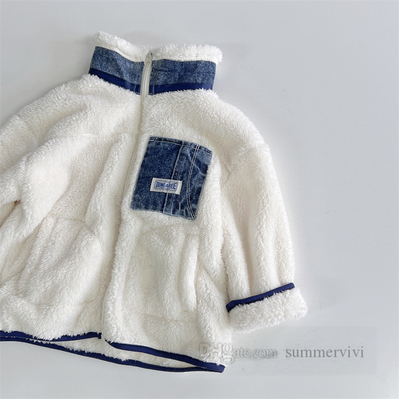 Cappotto in denim con giunture in pile bambini, colletto alla coreana, capispalla a maniche lunghe, autunno inverno, capretto addensato caldo cappotto casual Z5453