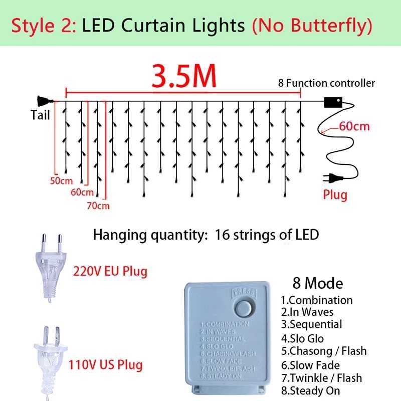 Cordas de LED 220V 110V 3,5m Butterfly LED Curtain Light Christmas Garland Led String Fairy Lights para festa de casamento de férias decoração P230414