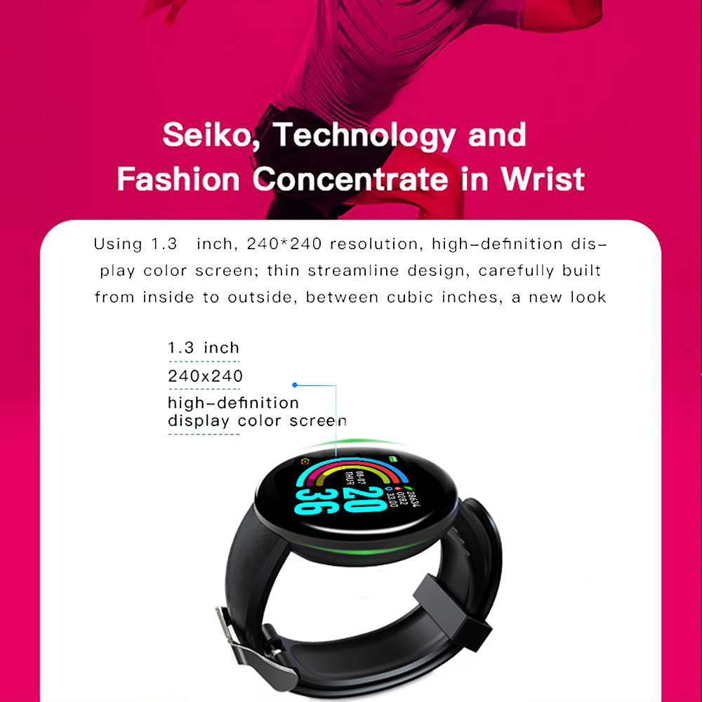 D18 Smart Watch Men Blood Pressure Waterproof Smartwatch Women Heart Rate Monitor Fitness Tracker Watch Sport för Android S8