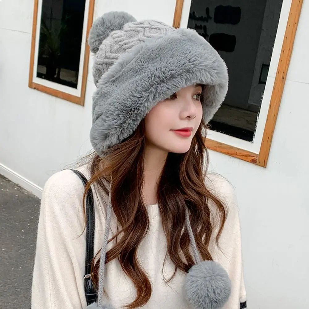 BeanieSkull Caps Fashion Faux Fur Knitted Bobble Beanie Hat Cute Pom Ball Cossack Skiing Furry Cap Winter Thicken Warm Coldproof 231116