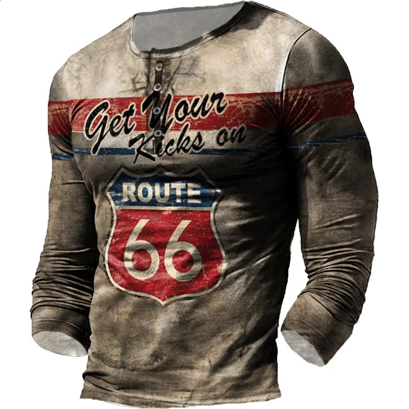 Mens TShirts Vintage T Shirt Long Sleeve Cotton Top Tees USA Route 66 Letter Graphic 3D Print TShirt Fall Oversized Loose Clothing 5XL 231116