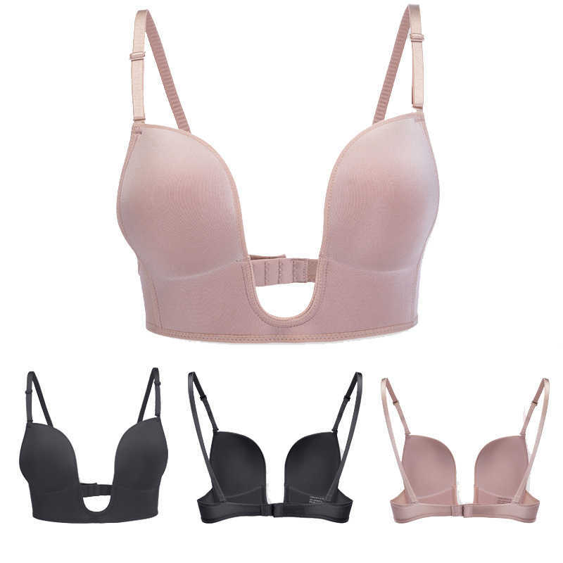 Bras Mujeres Sexy Plunge Bra Deep U Mujeres Lencería Sin costuras Ropa interior sin espalda Boda Invisible Sexy Push Up Intimates Mujer Verano P230417