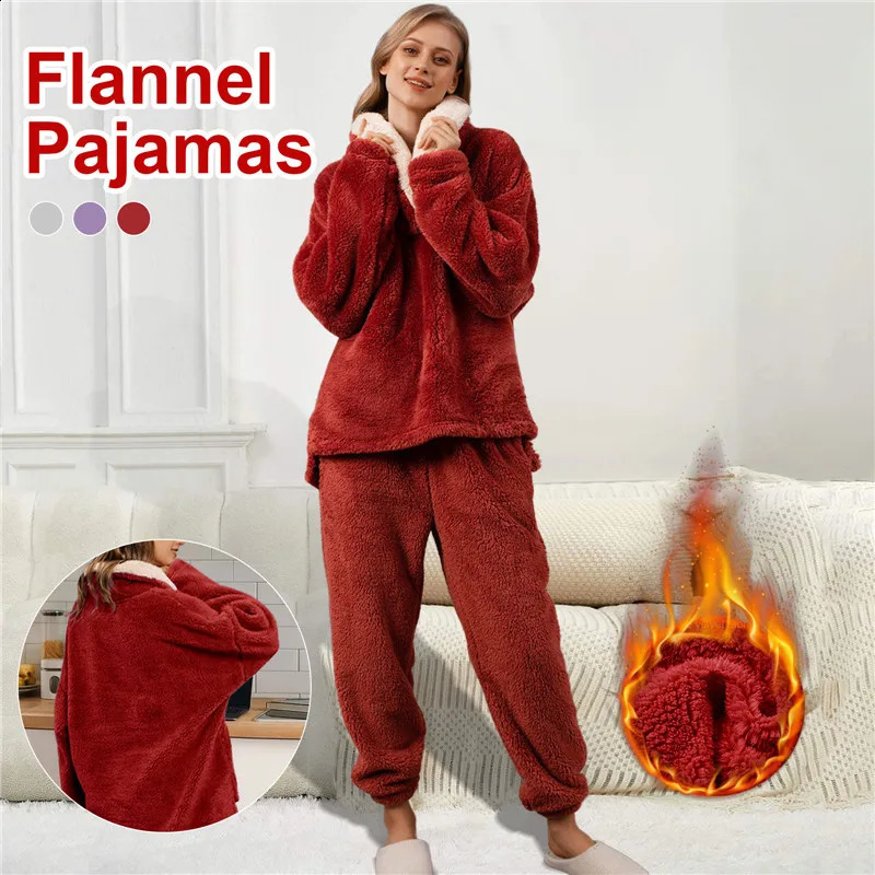 Vêtements de nuit pour femmes Hiver Femmes Froid Garder Au Chaud Pyjamas Col En V Corail Polaire Ensemble Dames Thermique Flanelle Maison Vêtements Pyjama 231116