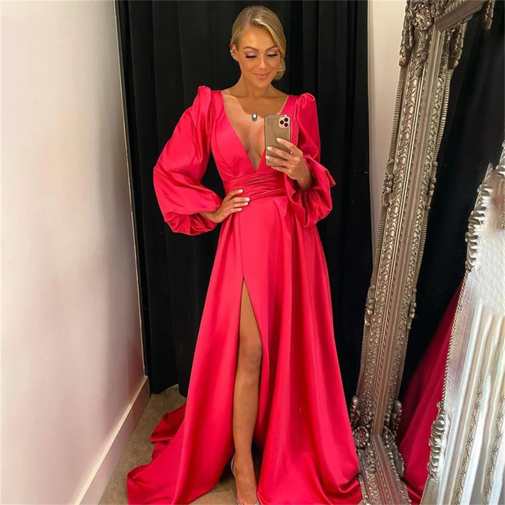 Rose Red Prom Dresses With Puffy Sleeve Rose Pink Party Dresses Sexy Deep V-neck Evening Dresses Satin Vestidos De Fiesta