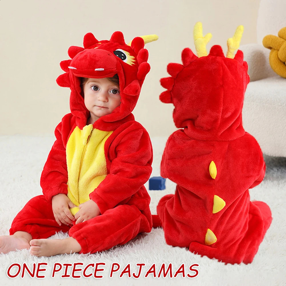 Pyjamas enfants belle dinosaure rouge chaud Onesie pyjamas avec capuche confortable doux vêtements de nuit intérieur maison Witer barboteuses 231116