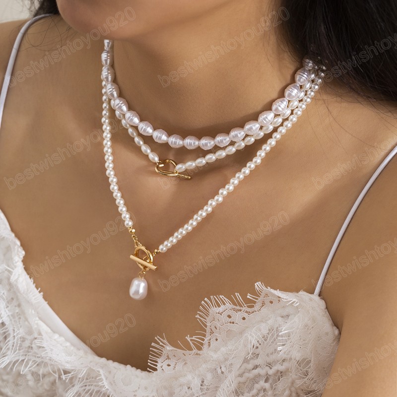 Collana a pendente con fibbia perle barocche vintage donne accessori il collo a catena multistrato