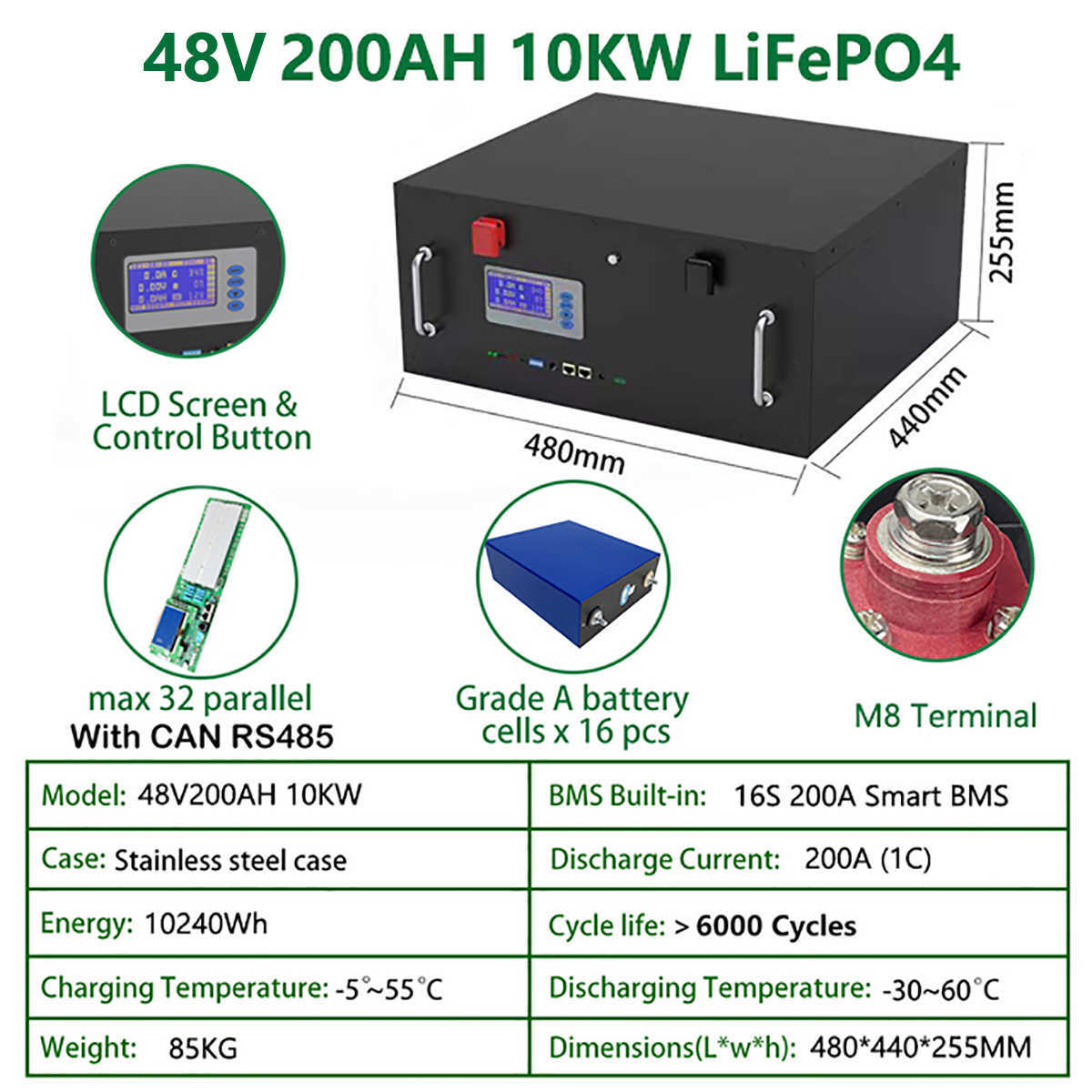 LiFePO4 Battery Pack 48V 200AH 10KW Lithium Battery Built-in BMS With CAN RS4856000 Cycles For Solar 10 Year Warranty Tax Free