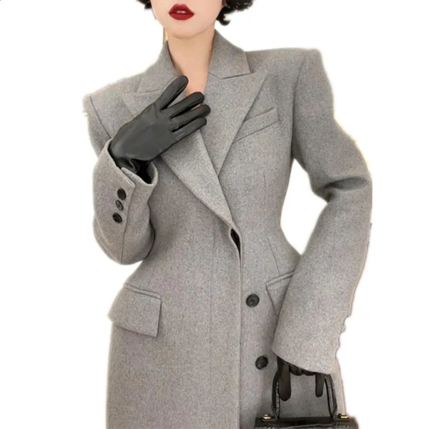 Women's Wool Blends French Xlong Gray Overcoat Women Autumn Winter Small Fragrance Slim Waist Woolen Coat 231116