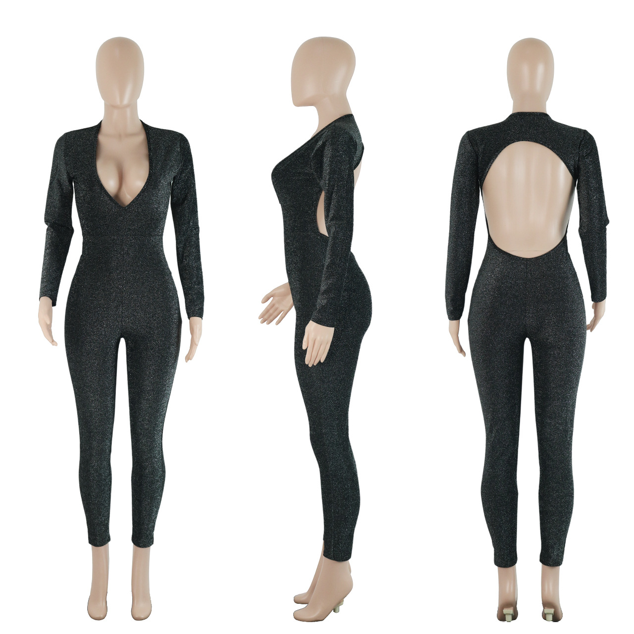 Designer sexig backless jumpsuits kvinnor faller bodycon rompers långärmad ihålig ut djup se genom v hals jumpsuits nattklubb bär grossistkläder 042