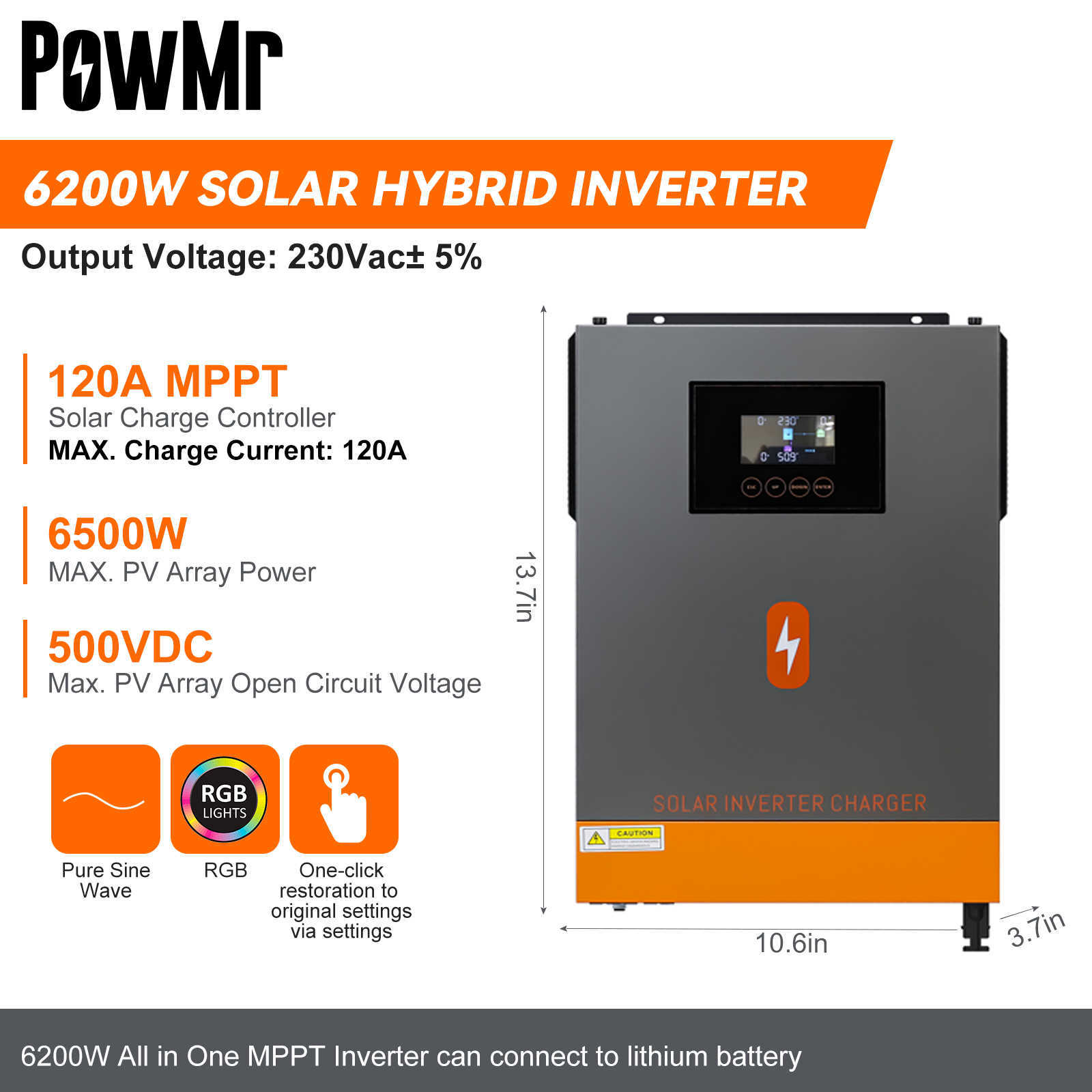 POWMR 6200W på rutnät/av rutnät Solarinverterare MPPT 120A Solarchaddare Max PV Power 6500W 230V Out-Put DC 48V för batteriladdare