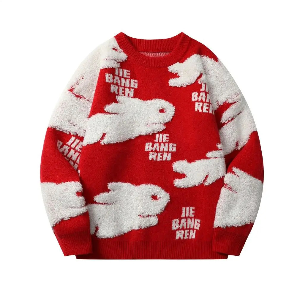 Herrtröjor harajuku Par kanin tröja jacka röd lös stickad mode randig överdimensionerad tröja Menskläder Pullover 231116