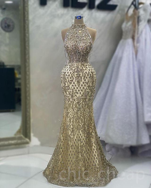 2023 April Aso Ebi Mermaid Gold Prom Dress Crystals Sequined Lace Evening Formal Party Second Reception Birthday Engagement Gowns Dresses Robe De Soiree ZJ5894