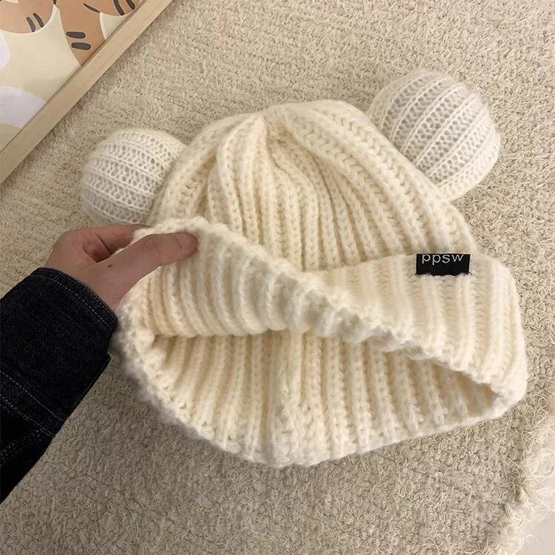 BeanieSkull Caps Y2K Bear Ears Thicken Hats Women Soft Harajuku Plush Ear Head Protection Cute Knitted Korean Wool Cool Girl Handmade Beanie 231116