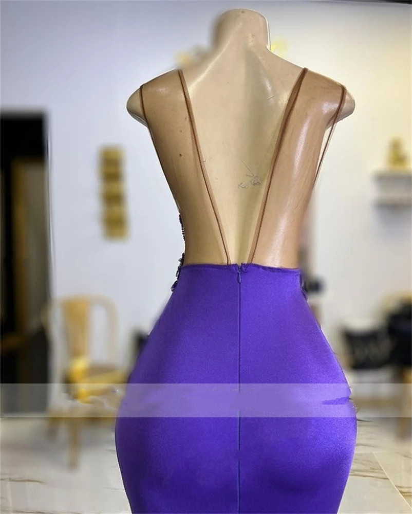 Purple Sheer O Neck Long Prom Dress For Black Girls 2024 Beaded Birthday Party Dresses Mermaid Evening Gowns Appliques Robe De