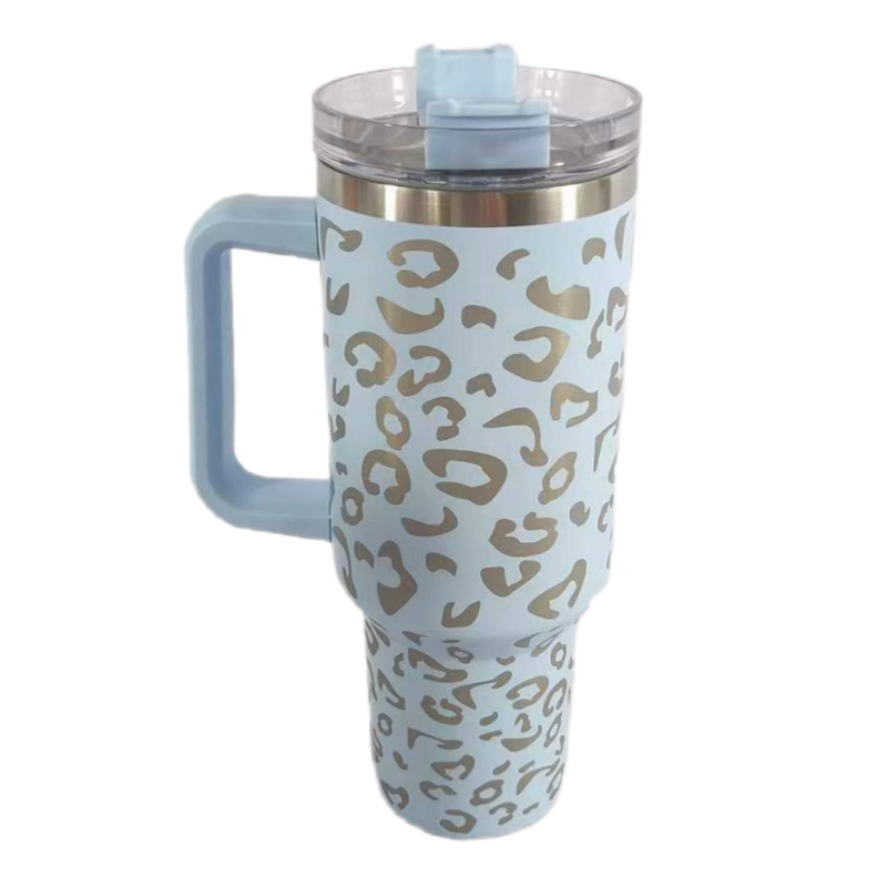 Copo de aço inoxidável com estampa de leopardo, 40 onças, com alça, grande capacidade, caneca para carro, garrafa de água, caneca de viagem isolada, copo de acampamento ao ar livre