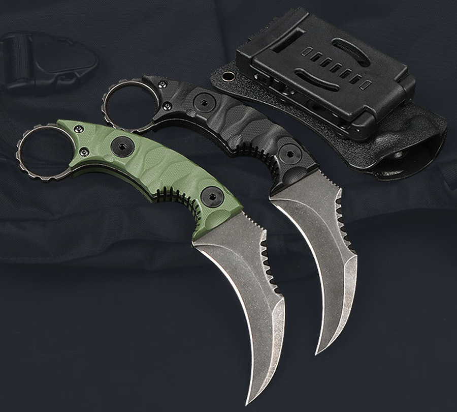 Oferta especial M7673 Karambit Claw Knife D2 Stone Wash Blade Full Tang G10 Mango para acampar al aire libre Senderismo Cuchillos tácticos de hoja fija con Kydex