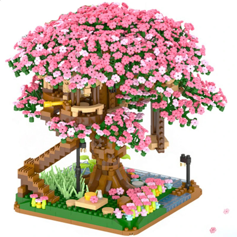 Andra leksaker 2138 st DIY Discoloration Cherry Blossom Flower Pink Tree House Train Assembly Building Blocks Classic Model Bricks Set Kid 231116