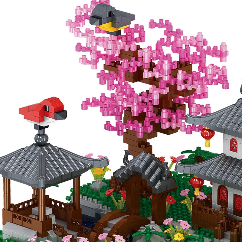 Blocchi Mattoni diamantati Sakura Tree House Building Blocks Architettura del giardino cinese Cascata Fai da te Assemblare giocattoli Regalo adulti 231116