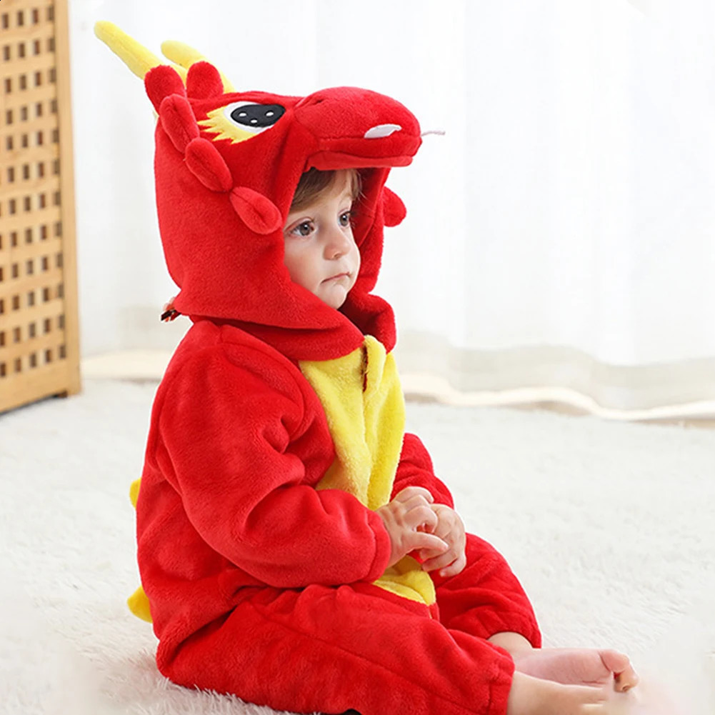 Pyjamas enfants belle dinosaure rouge chaud Onesie pyjamas avec capuche confortable doux vêtements de nuit intérieur maison Witer barboteuses 231116