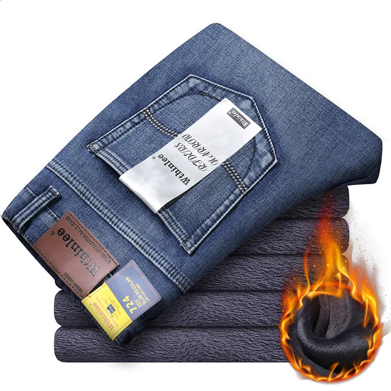 Mens Jeans Winter Thermal Warm Flanell Stretch Quality Famous Brand Fleece Pants Straight Flocking Truysers Denim Jean 231116