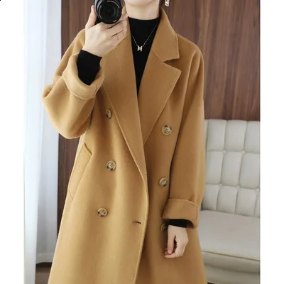 Women's Wool Blends 2023 Koreansk version Autumn Winter Women Coat Isolation Elegant Gentle Lapel Midja Löst kashmirrockar för kvinnor 231116