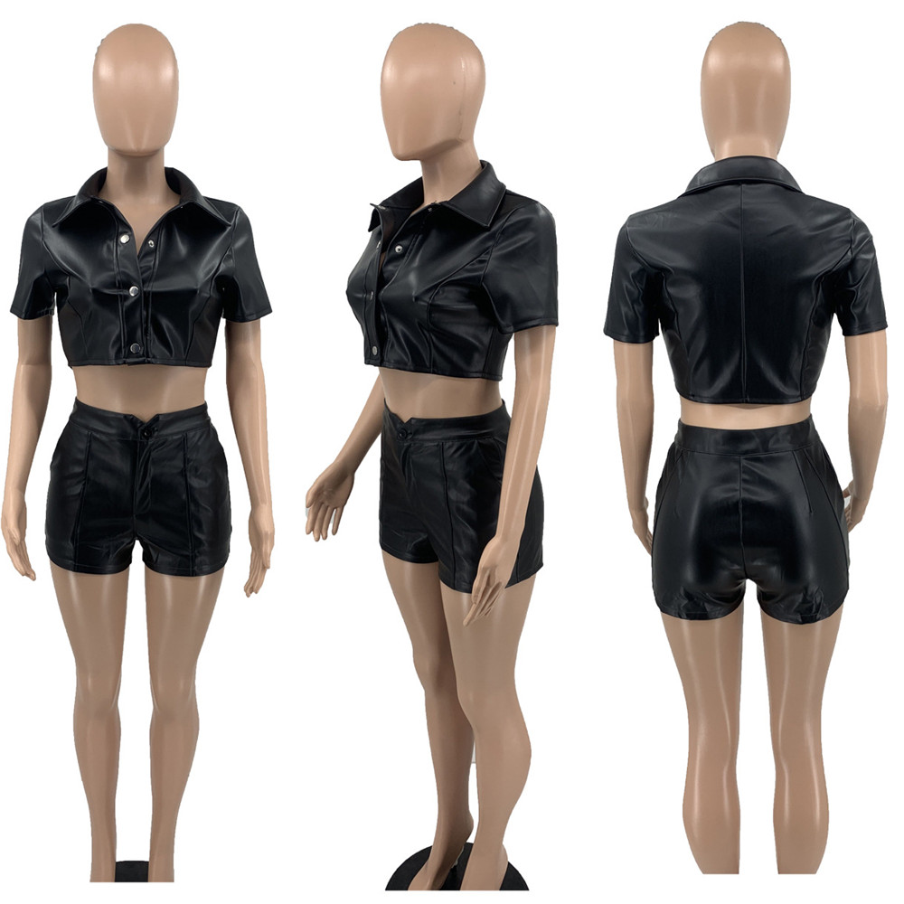 2024 Designer Leather Tracksuits Summer Women Two Piece Set Outfits Short Sleeve Shirt Crop Top Shorts Casual PU Sportswear Sweatsuits Bulk Partihandel kläder 9732
