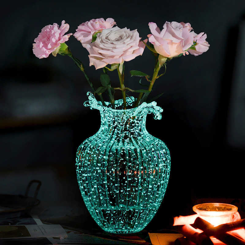 Vases Luminous Glass Vase Creative large Transparent Glass Flower Vase Wave Mouth Flower Arrangement Living Room Home Decoration Y23