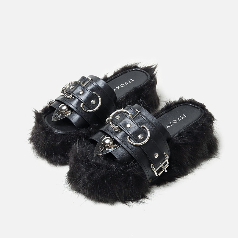 New Fashion Design Punk Style Personality pink Black Fur Shoes Flip Flop Thick Bottom Belt Buckle Slippers