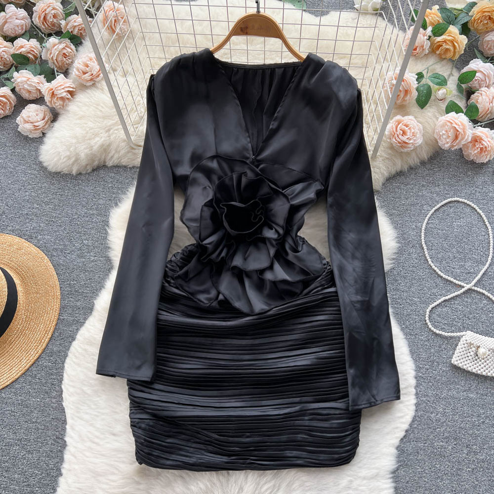 Casual DressesSpring Celebrity Dress Women V-neck Three-dimensional Flower Pleated Hip Long Sleeve Sexy Satin Mini Dresses vestido 2024