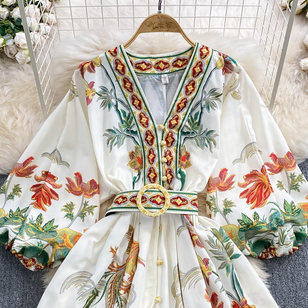 Casual Dresses 2024 Spring Fashion Holiday Retro Painting Print Dress Women Clothing Runway V Neck Long Lantern Sleeve Belted Mini Dress