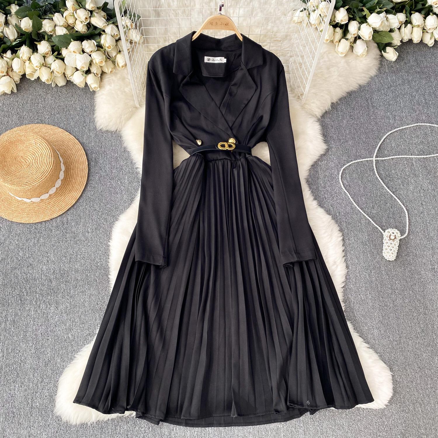 Casual Dresses Autumn Vintage Women Pleated Dress Elegant Notched Collar Long Sleeve Double Breasted Slim Ladies Office One Piece Midi Vestidos 2023