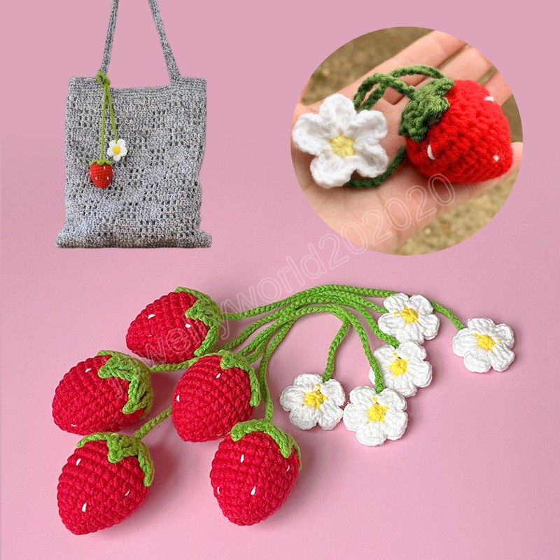 Handmade Crochet Knitted Strawberry Keychain For Women Girl Crocheted Wool Flower Leaf Bag Pendant Ornament Car Charms Key Ring