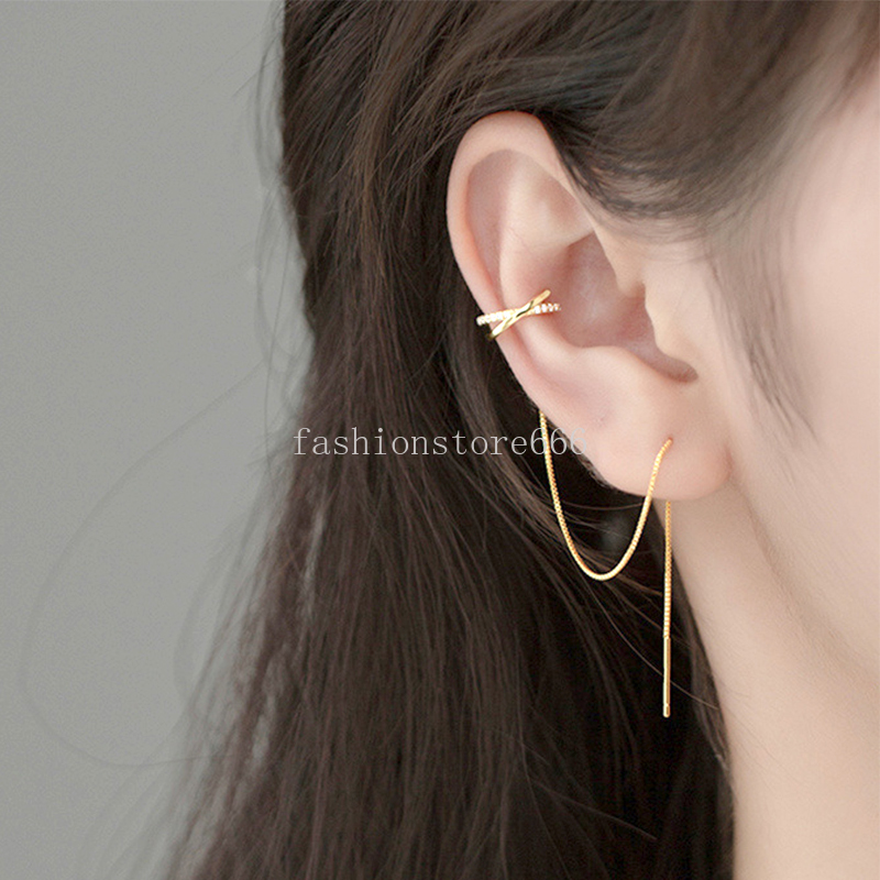 Women Earrings Ear Clips Gold Silver Color Chain Tassel Earrings Irregular Geometry Insert Diamond Ear Clip Fashion Jewelry Gift