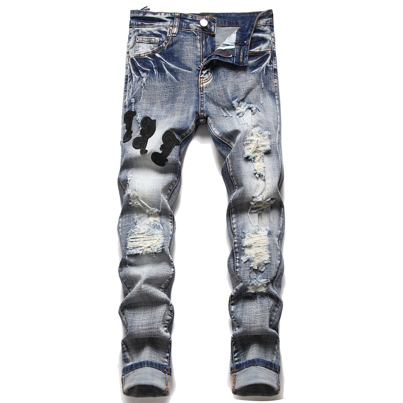 MRI Męskie dżinsy Europejskie haft haftowe Patchwork Broken Hole Trend Brand Motorcycle Pants MRI8988