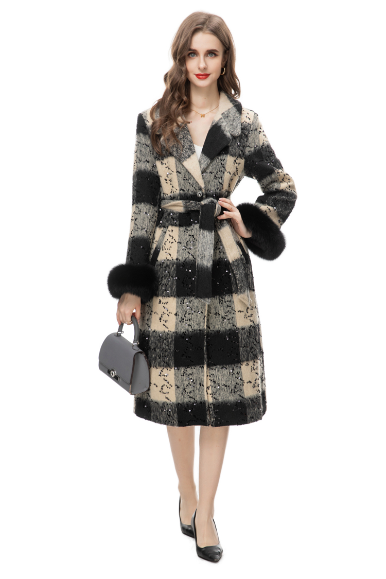 Women's Coat Notched Collar Fur Long Sleeves Sequined Plaid Lace Up Fashion Outerwear Trench Coats