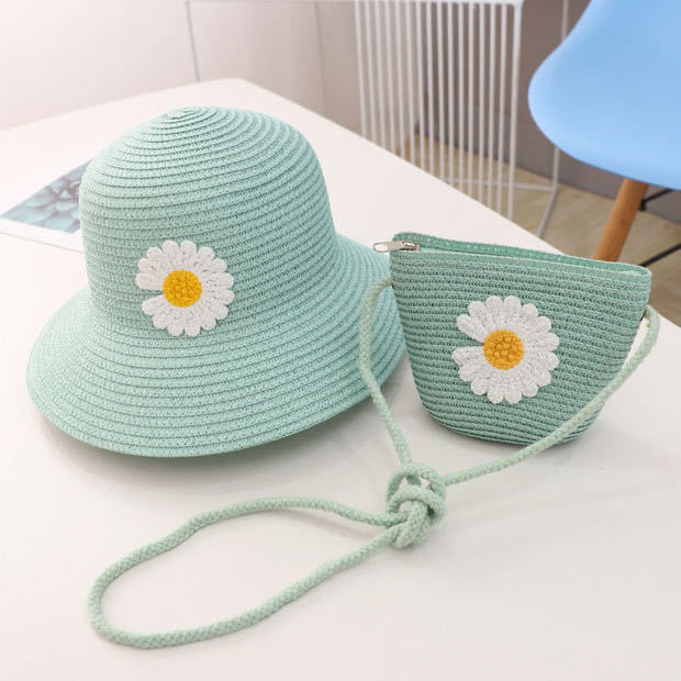 2023 New Children's straw hat bag set female summer Sun protection princess hat beach hat fisherman hat foldable sun hat bag set