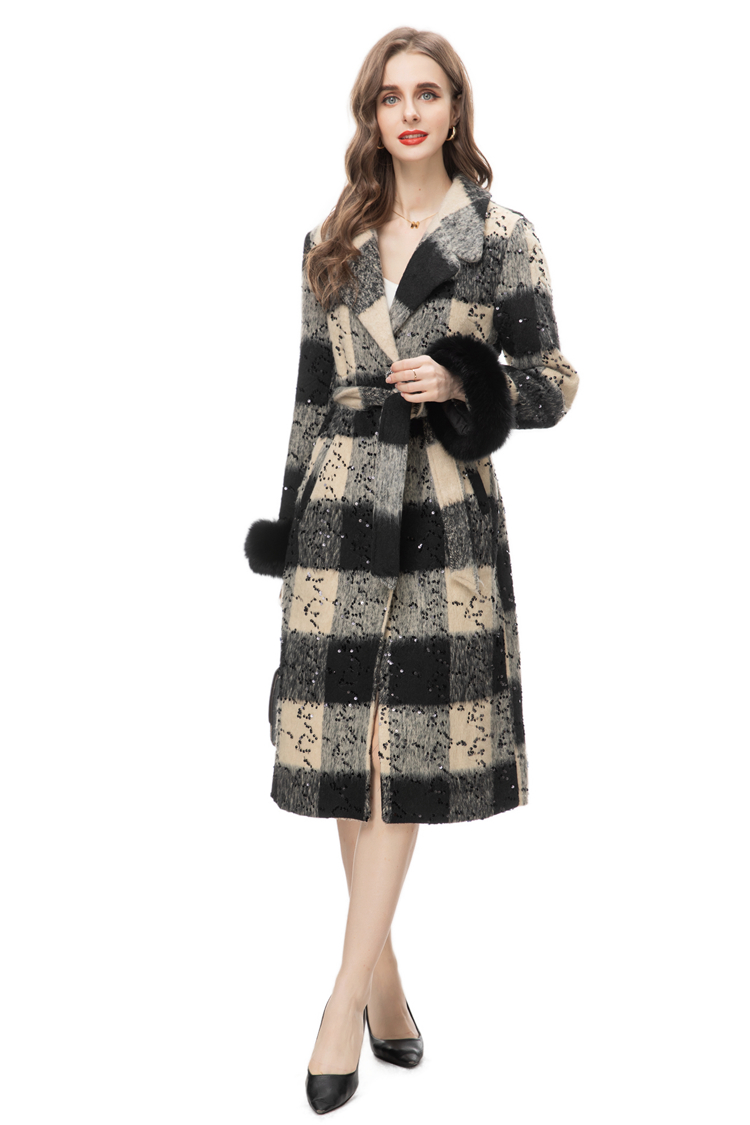Women's Coat Notched Collar Fur Long Sleeves Sequined Plaid Lace Up Fashion Outerwear Trench Coats