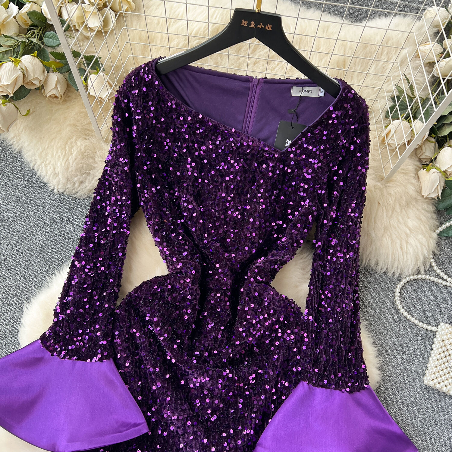 Casual Dresses High Quality Ladies Purple Party Dress Women Elegant Luxury Flare Long Sleeve Asymmetrical Ruffled Sparkly Sequins Dress 2024