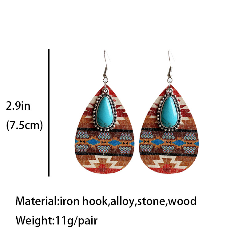 Bohemian Wood Turquoise Teardrop Dangle Earrings For Women Pine Stone Pendant Earrings Western Embossed Pattern Wood Drop Earrings