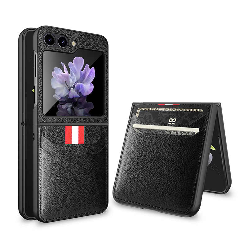 Custodia telefono Vogue in pelle grana Litchi di lusso Samsung Galaxy Folding Z Flip 5 4 3 5G Robusta e sottile porta carte di credito protettiva completa Portafoglio Frizione Membrana Fold Shell