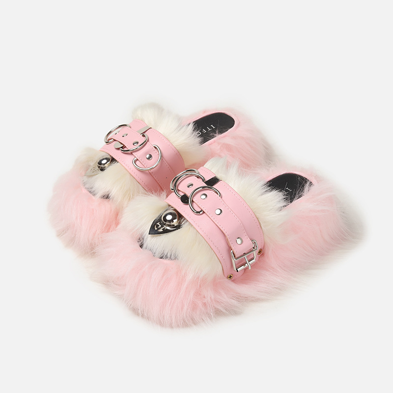 New Fashion Design Punk Style Personality pink Black Fur Shoes Flip Flop Thick Bottom Belt Buckle Slippers