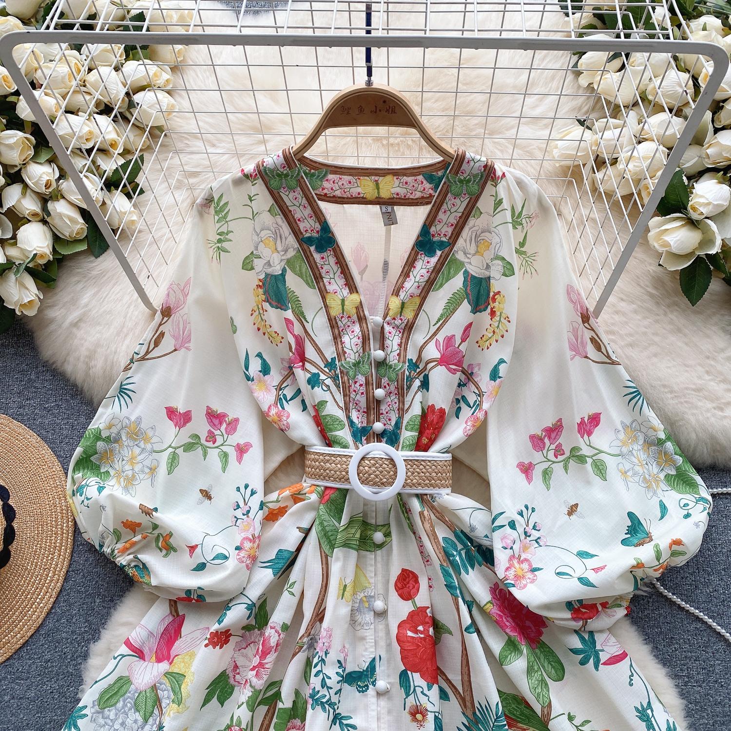 Casual Dresses 2024 Fashion Holiday Flower Dress Women's V Neck Long Lantern Sleeve Floral Print Buttons Down Sashes Short Mini Vestidos