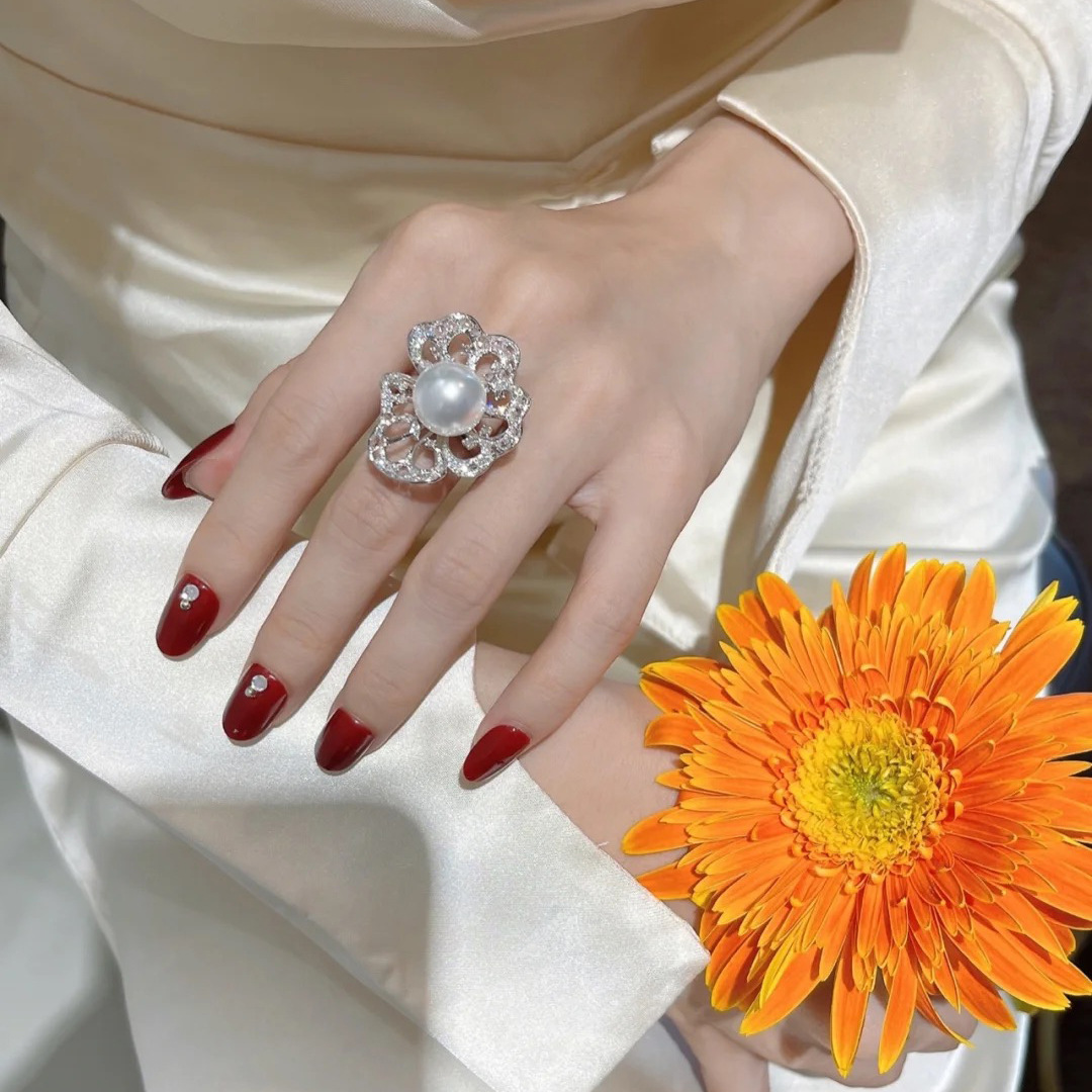 Anello da dito in zircone con perle di fiori Anelli fedi nuziali feste di colore argento le donne Regalo di gioielli fidanzamento di compleanno da sposa