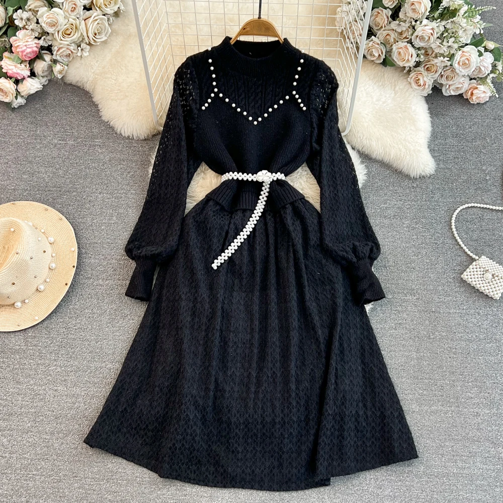 Women Casual Dresses Autumn Winter Celebrity Women Long Sleeve Fake Two Piece Standing Neck Lace Spliced Waist Slim A-line Knitted Dresses 2024
