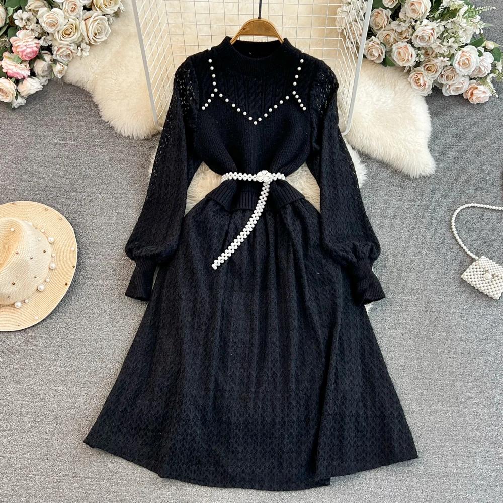 Kvinnor Casual Dresses Autumn Winter Celebrity Women Långärmad Fake Two Piece Standing Neck Lace SPICED midja Slim A-Line Sticked Dresses 2024