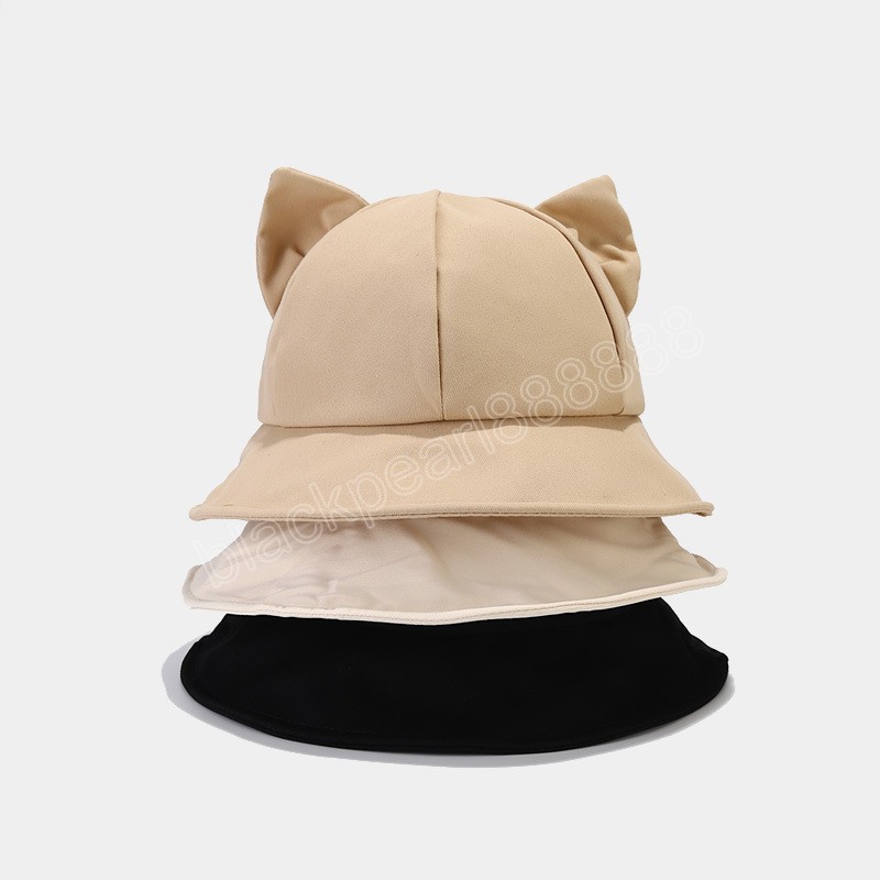 Dessin animé Cat Oreille Bucket Hat Cap pour fille coton dôme chapeau de soleil Femmes coréen printemps été panama solide féminin de soleil extérieur chapeau